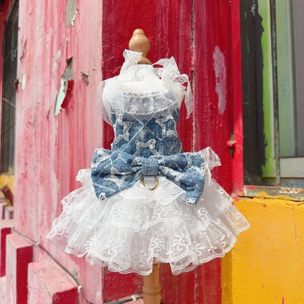 萌宠复古牛仔吊带蕾丝裙 秋冬新款小熊泡沫宠物服饰原创