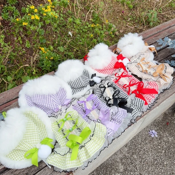 萌宠名媛千鸟格小香风加绒斗篷裙子套装 小熊泡沫宠物服饰原创