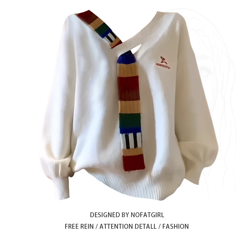 V领设计感撞色毛衣女2024秋冬新款学院风时尚彩虹织带针织上衣潮
