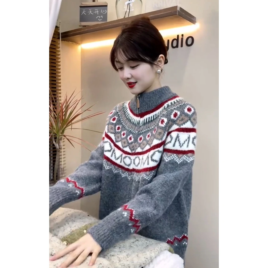 费尔岛软糯毛衣女2024新款秋冬季复古慵懒风高领拉链针织开衫外套