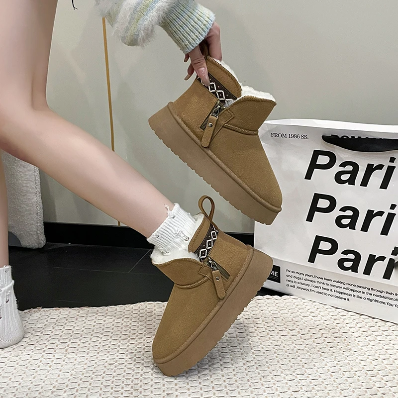 2025新款时尚百搭侧拉链雪地靴女厚底加绒短筒雪地靴加厚保暖棉鞋