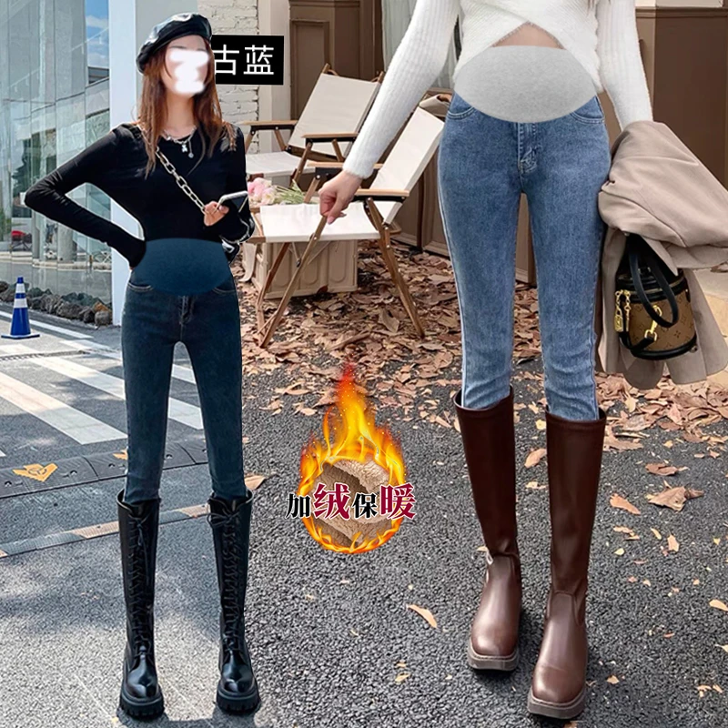 冬季孕妇加厚加绒羊羔绒高弹力显瘦孕妇铅笔裤保暖牛仔裤外穿高腰
