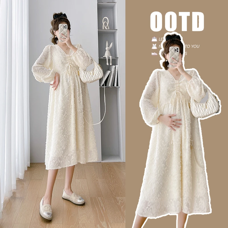 孕妇装春季新款韩版时尚设计感雪纺提花宽松长袖中长款孕妇连衣裙