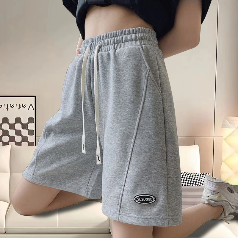 灰色运动短裤女宽松阔腿裤休闲百搭显瘦夏季2025新款松紧腰五分裤
