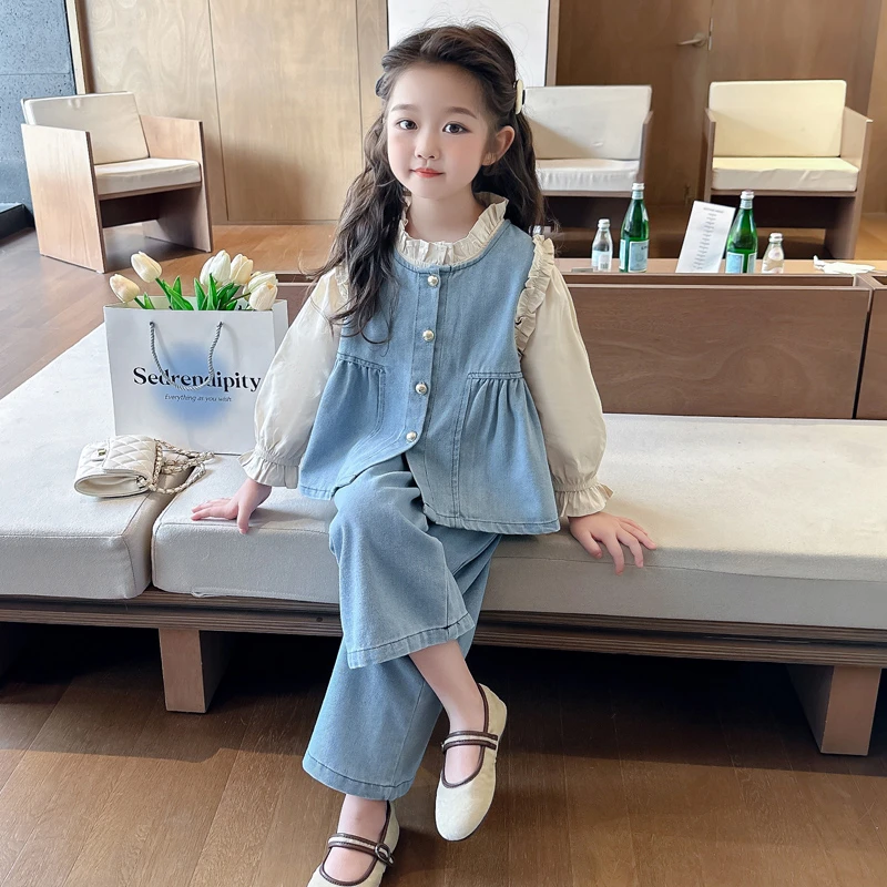 女童秋季牛仔花边三件套洋气时髦童装儿童时尚秋装马甲女宝宝套装