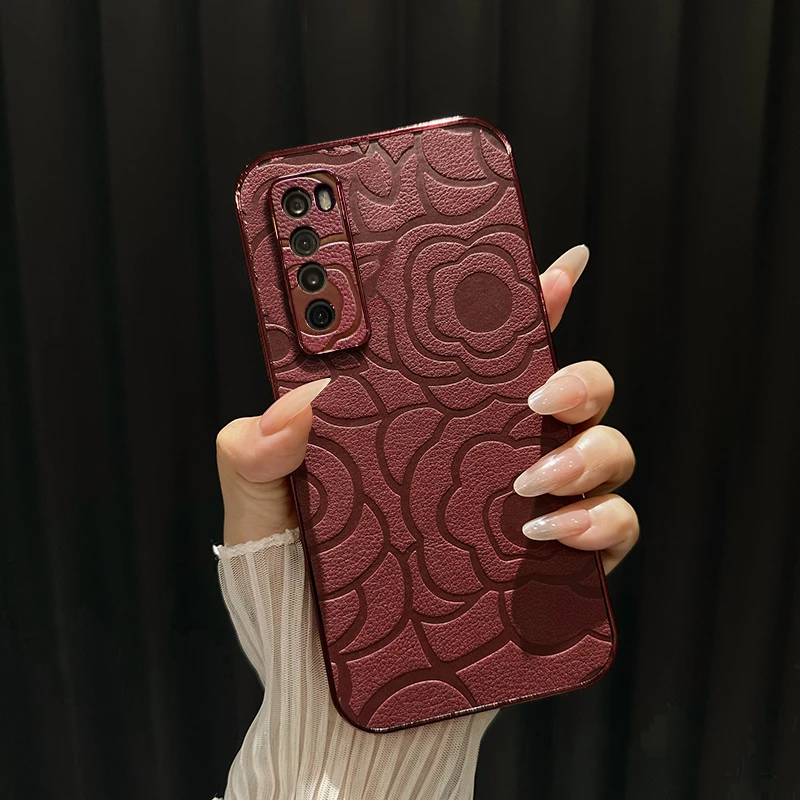 适用华为nova7高级感网红山茶花皮纹电镀边框全包手机壳