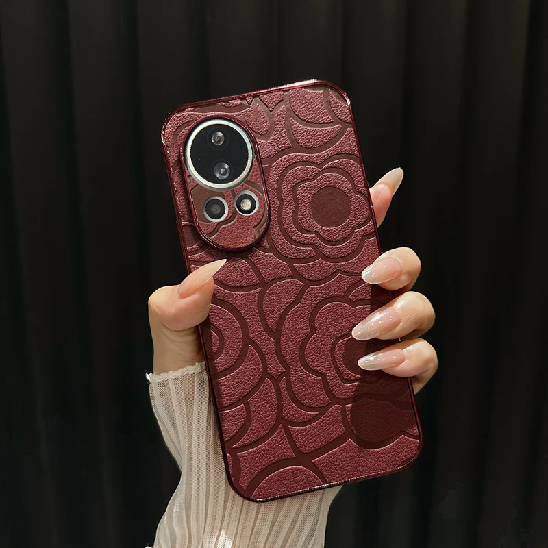 适用华为nova13高级感网红山茶花皮纹电镀边框全包手机壳