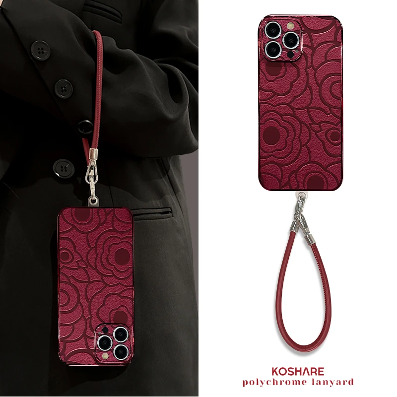 适用苹果15promax高级感网红山茶花挂绳皮纹电镀边框全包手机壳