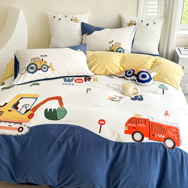 炫彩工程车 卡通可爱A类加密精梳棉全棉水洗棉刺绣四件套学生单人