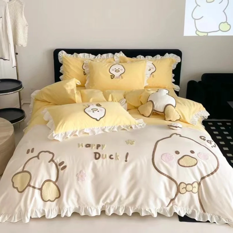 呆萌呆萌可爱小清新A类全棉加厚磨毛刺绣款四件套学生单人三件套