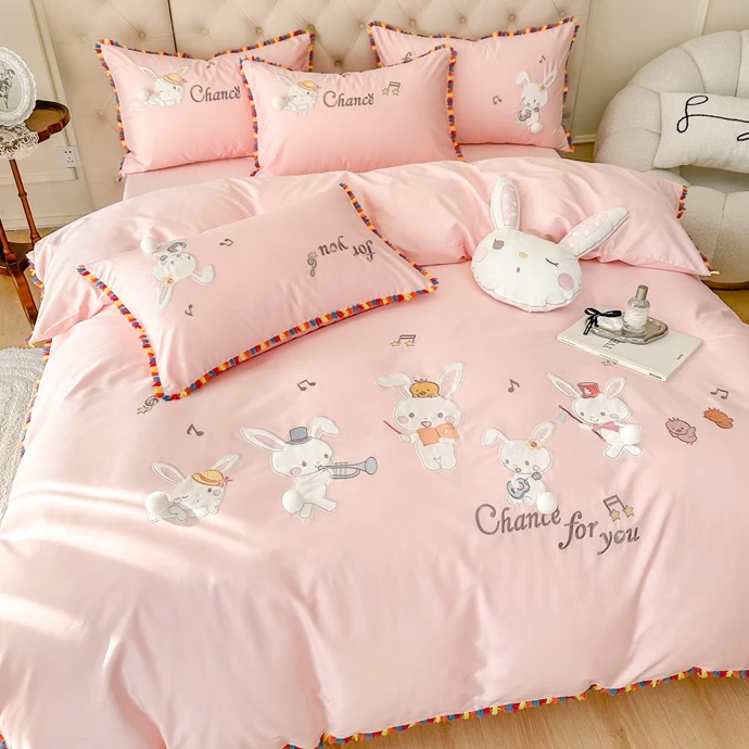 欢乐小兔小清新可爱少女心100支贴布绣长绒棉全棉四件套宿舍单人