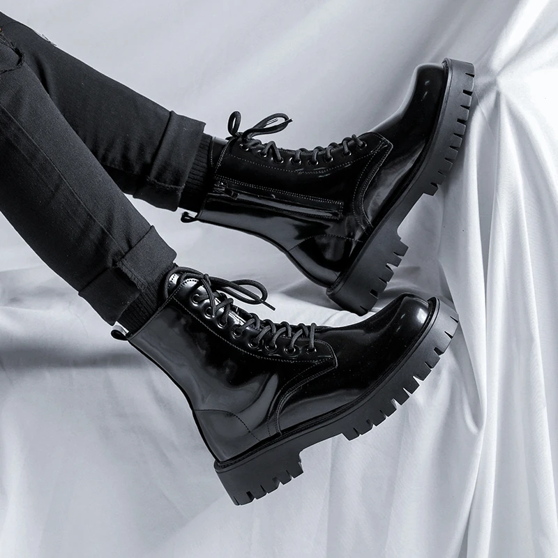 马丁靴男冬季加绒英伦风拉链厚底内增高短靴漆皮亮面正装高帮