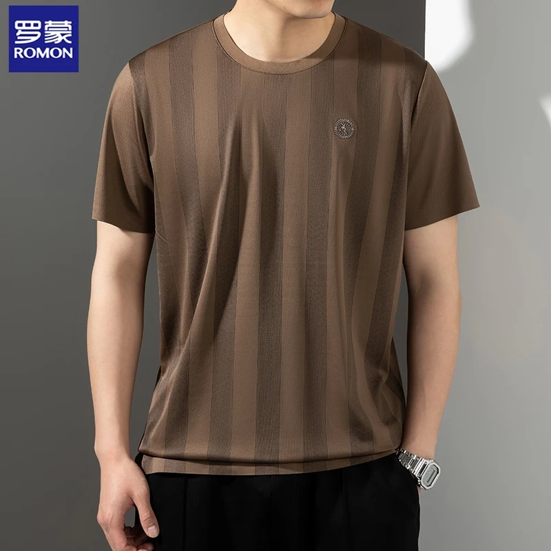 Romon/罗蒙男士夏季休闲宽松竖条纹短袖上衣潮流薄款透气无痕t恤