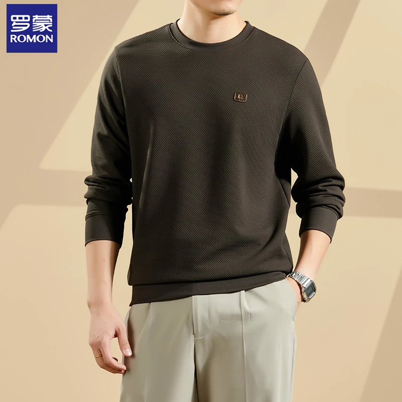 Romon/罗蒙男士春季网眼圆领卫衣宽松长袖套头t恤衫打底衫上衣薄