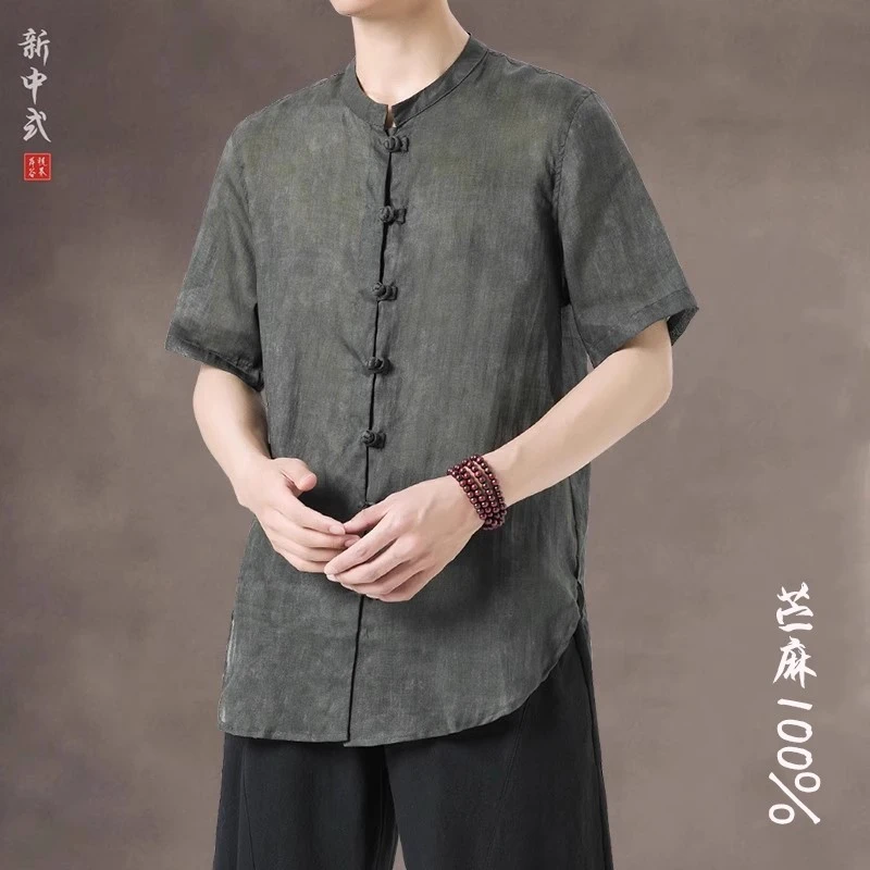 新中式夏季薄款苎麻休闲唐装短袖衬衫男士宽松大码盘扣中山装半袖