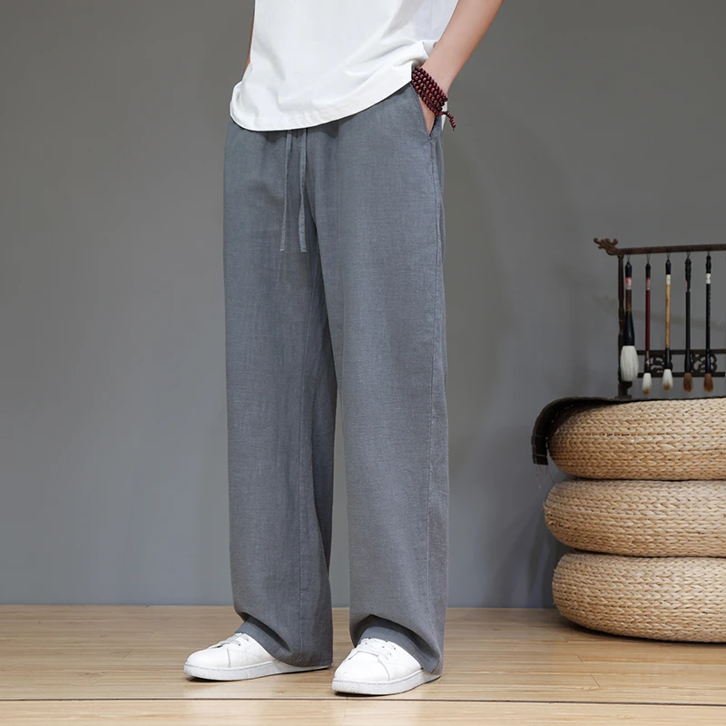 夏季棉麻透气休闲裤中式宽松大码直筒裤中国风男装简约百搭阔腿裤