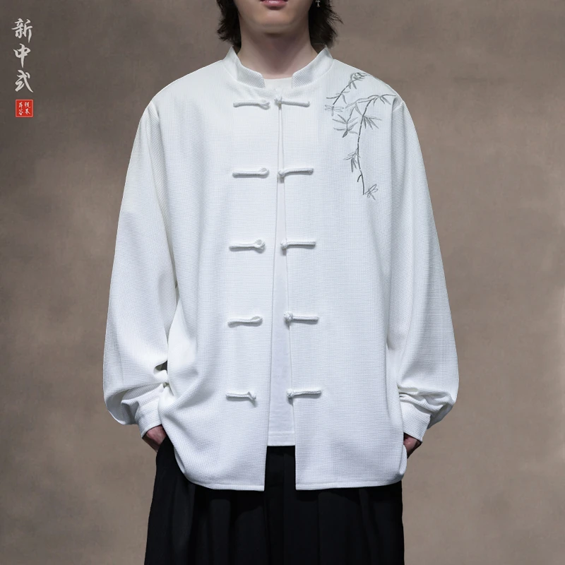 新中式春秋刺绣盘扣唐装衬衫男士宽松大码圆领中山装复古休闲长袖