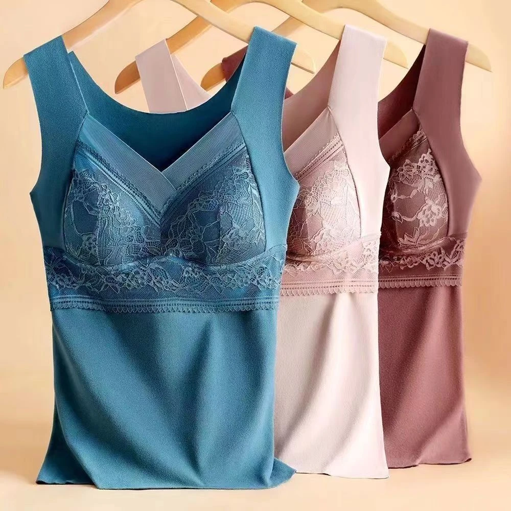 秋冬德绒固定一体杯保暖背心女 加绒加厚带胸垫无痕保暖内衣女