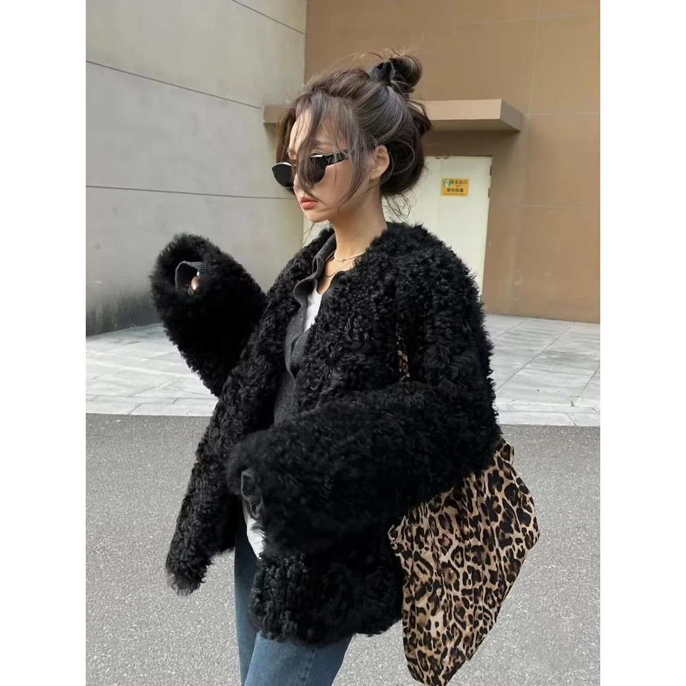 2025年秋冬新款纯色毛毛外套女韩版卷毛黑色外套短款毛毛上衣