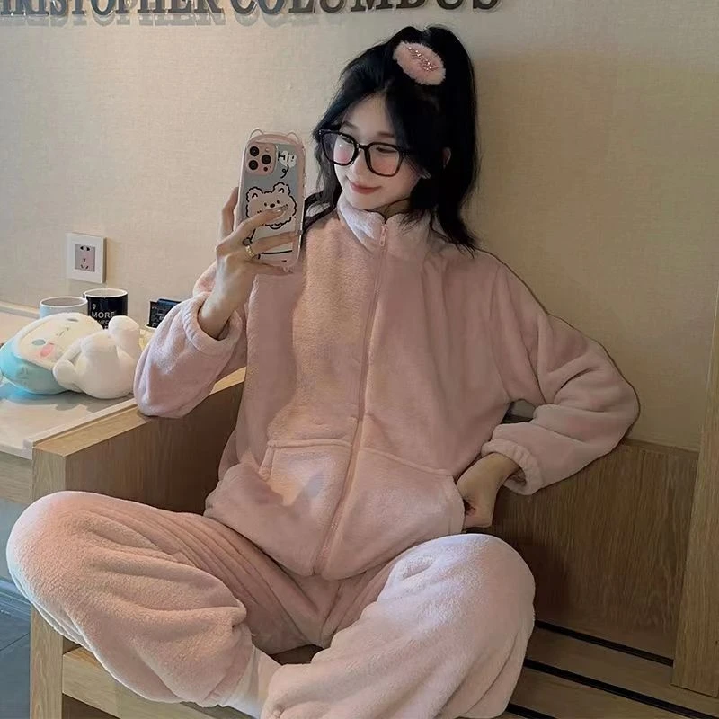 2025款睡衣秋冬季多巴胺ins风法兰绒加厚拉链居家女士套装保暖