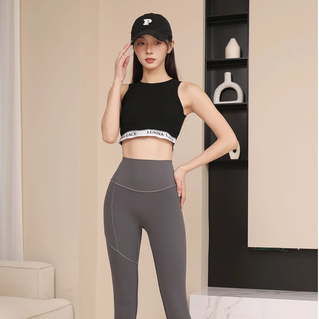 瑜伽裤女高腰提臀网纱侧口袋弹力运动紧身裤跑步瑜伽服健身裤外穿