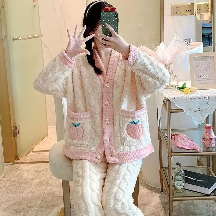 粉桃珊瑚绒睡衣套装秋冬女士开衫两件套甜美保暖舒适可外穿居家服