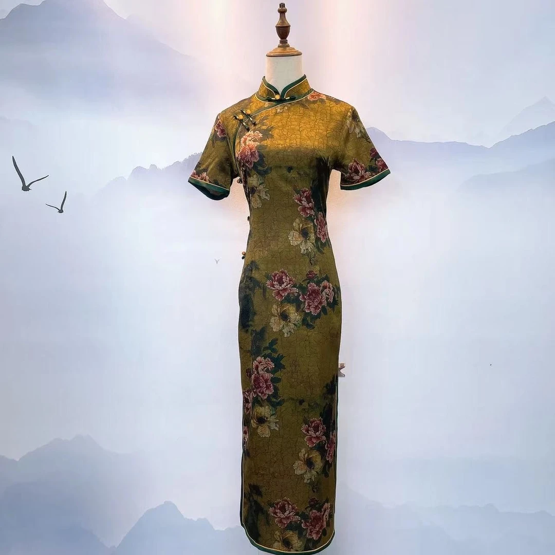 225  高  非定位花  气质修身  双层暗纹龟绿色牡丹花旗袍