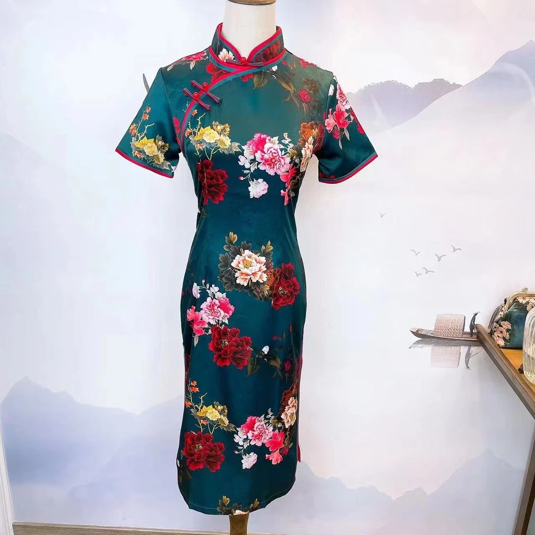 281   非定位花 气质修身  双层藏青色旗袍