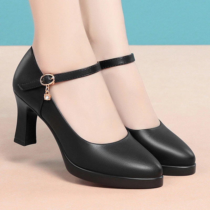 真皮软底黑色高跟圆头皮鞋防水台职业单鞋粗跟鞋子中年妈妈鞋女鞋