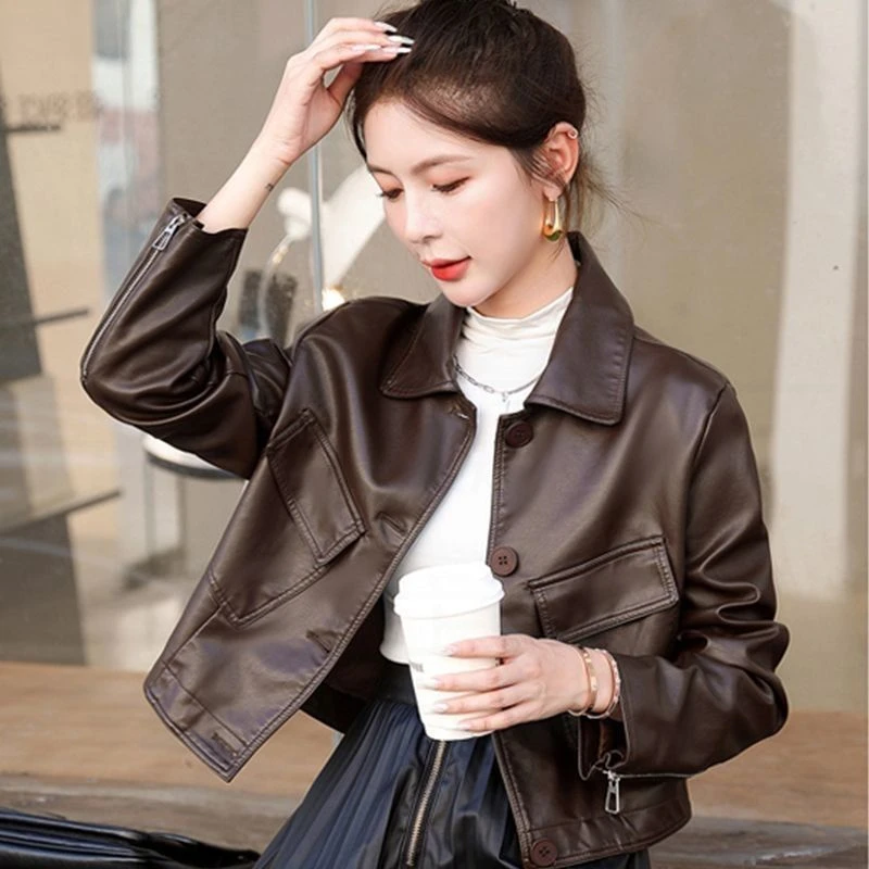 时尚宽松显瘦短款外套小个子机车皮夹克春秋款皮衣女2024新款休闲