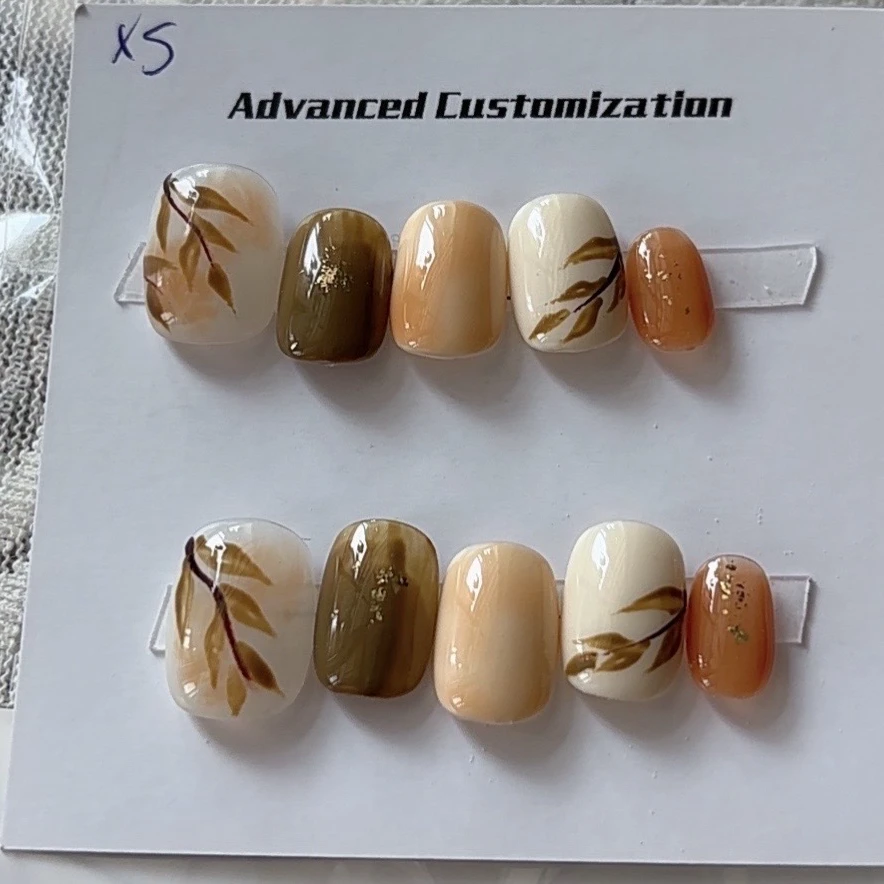 241056#(琉璃秋叶短圆)纯手工穿戴式光疗甲四季流行