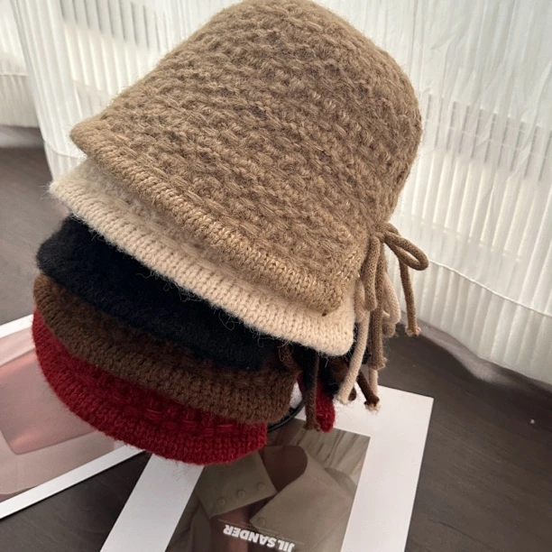 牛牛哥绵羊毛水桶帽帽子百搭蝴蝶结款安哥拉红秋冬时尚款