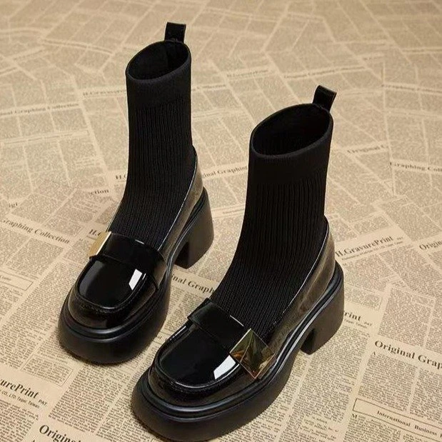 厚底马丁靴女2024秋冬新款小个子外穿高跟弹力靴粗跟不累脚瘦瘦靴