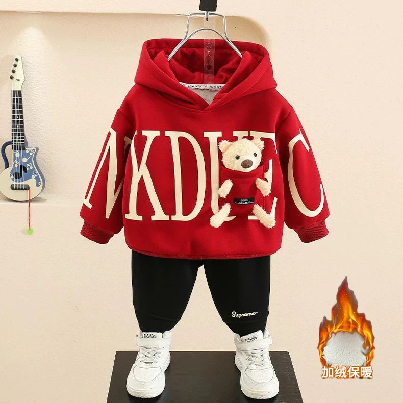 男童卫衣套装2025新款痞帅男宝秋冬加绒连帽上衣长裤时尚两件套潮
