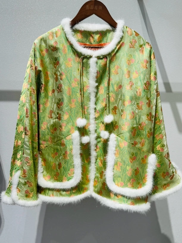 菁菁古韵｜钱小萍宋锦郁金香纹锦高端棉服 水貂毛加桑蚕丝絮片时尚