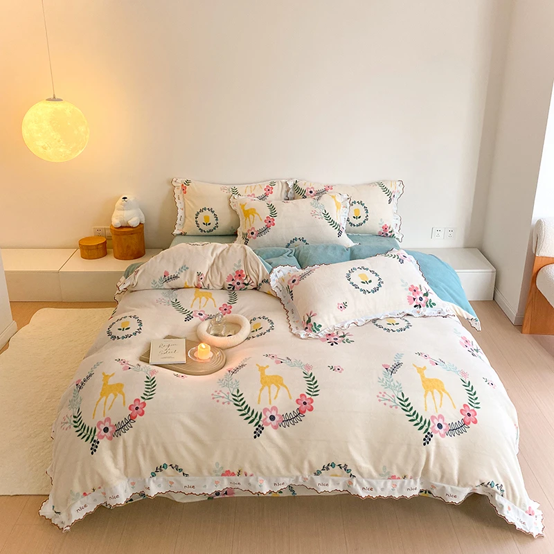 【晴美】加厚牛奶绒花边款四件套