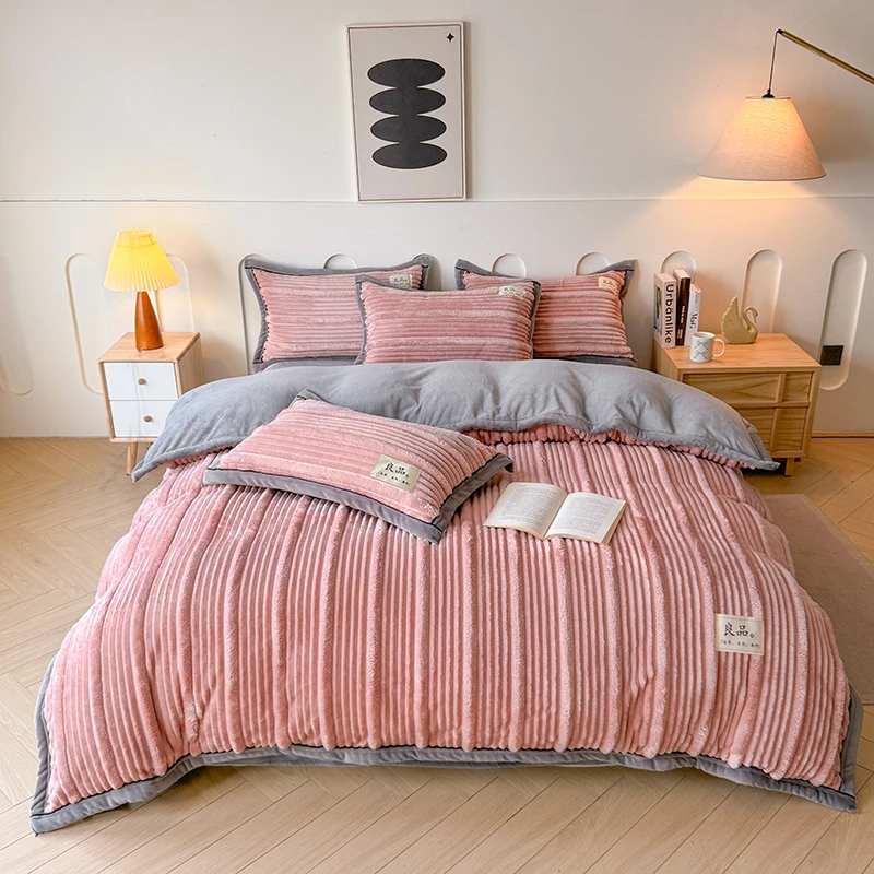 【晴美】高克重兔毛纯色双拼四件套-粉豆沙+浅灰