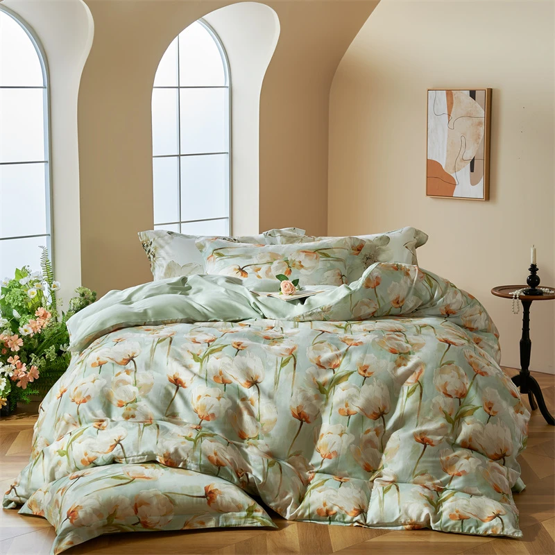 【晴美】热能棉天丝棉油画风数码印花四件套-白月光