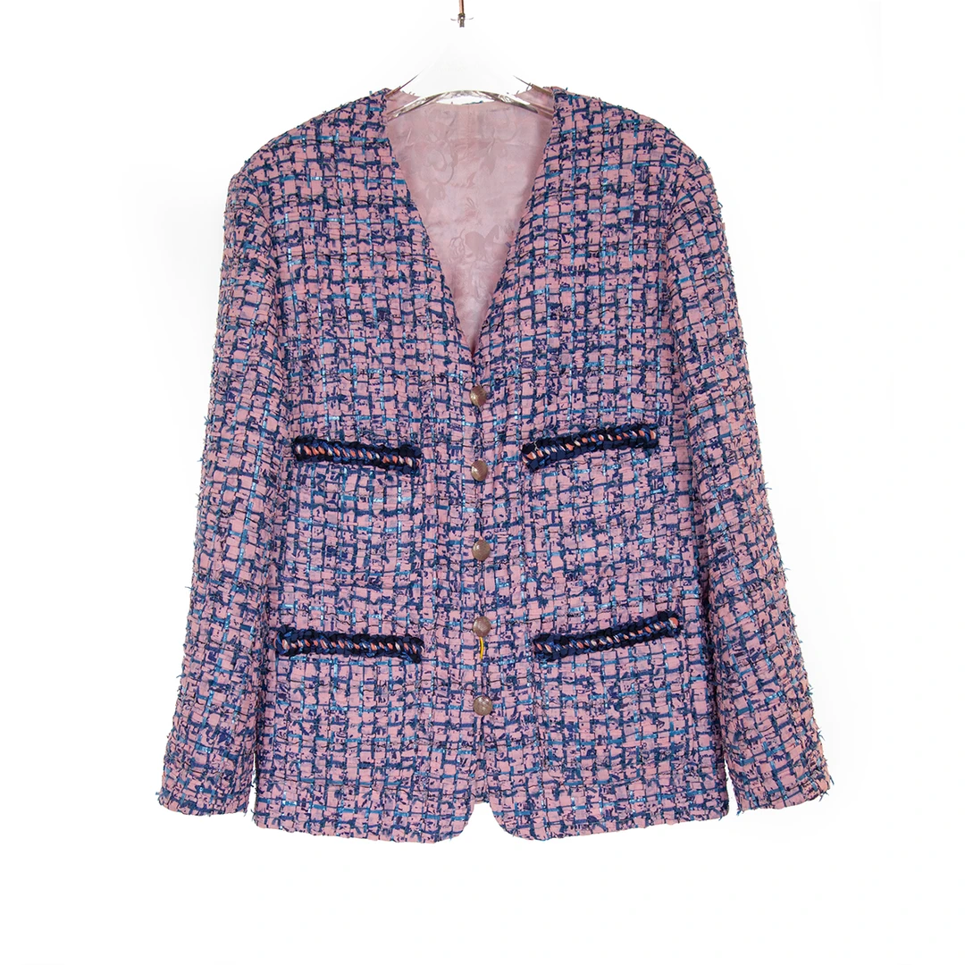 【六丑】新款紫粉色编织格子小香风外套210AWT0026