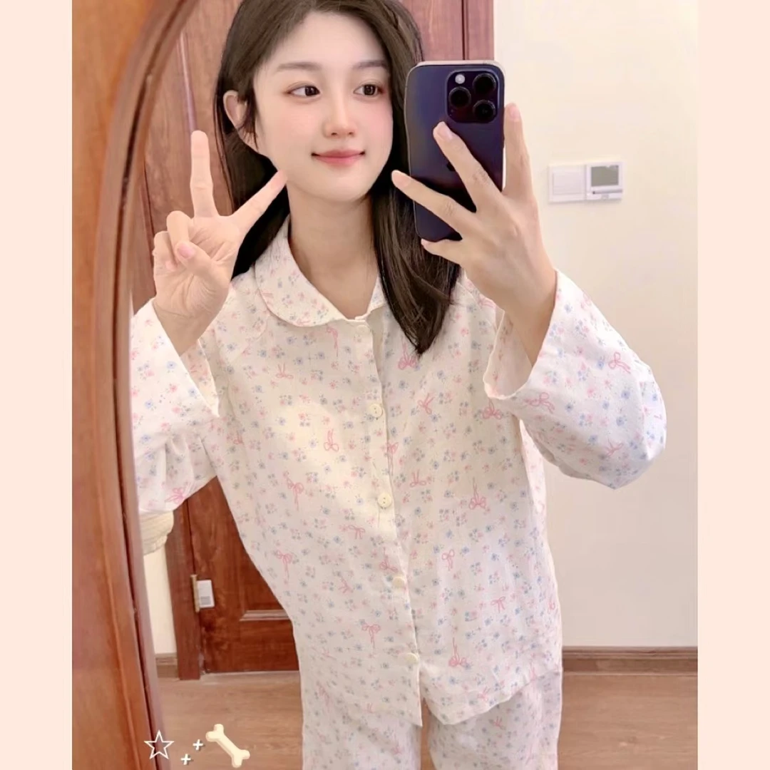 新款纯棉磨毛开衫款睡衣家居服套装