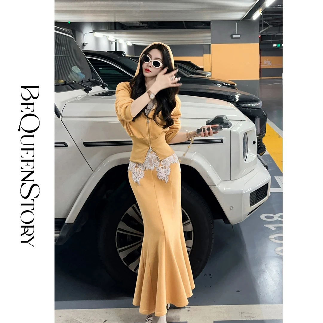 余潇潇【宝石秘境】重工拼接蕾丝短款连帽上衣&鱼尾裙时尚套装