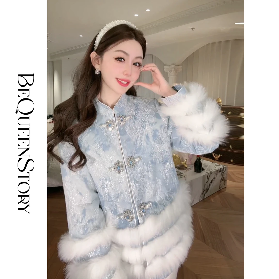 余潇潇【唐宫暮雪】中式蕾丝牛仔拼接狐狸毛填充白鹅绒外套冬季女装