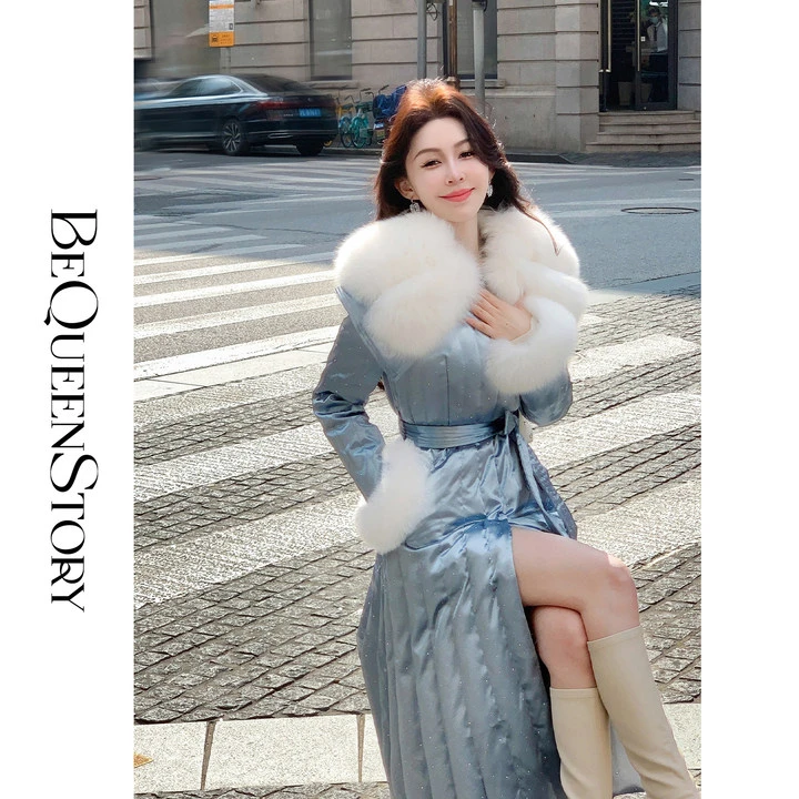 余潇潇【浮华世界】可拆卸狐狸毛烫钻长款收腰鹅绒保暖羽绒服秋冬