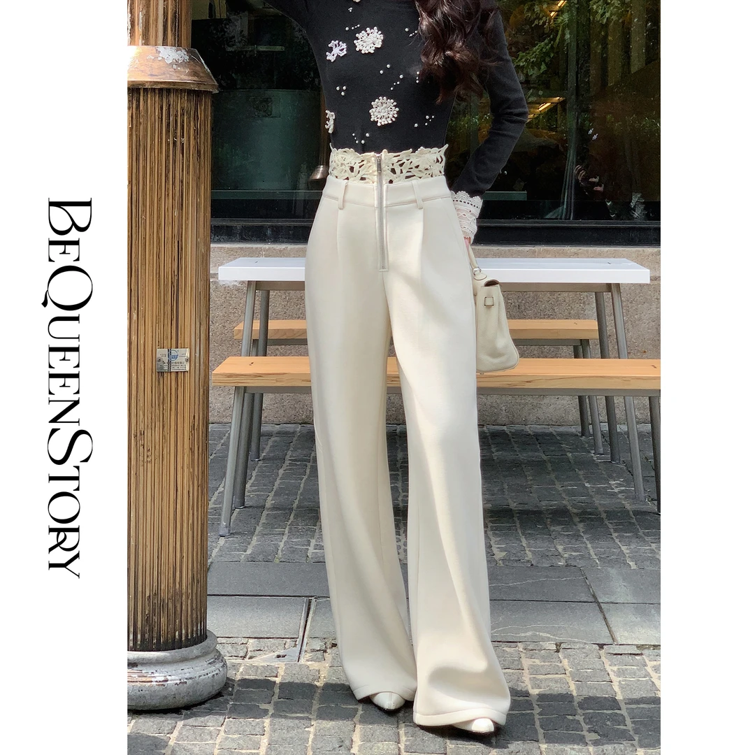 余潇潇【卢浮花事】舒适显瘦蕾丝腰头层次感加绒高腰直筒休闲裤女