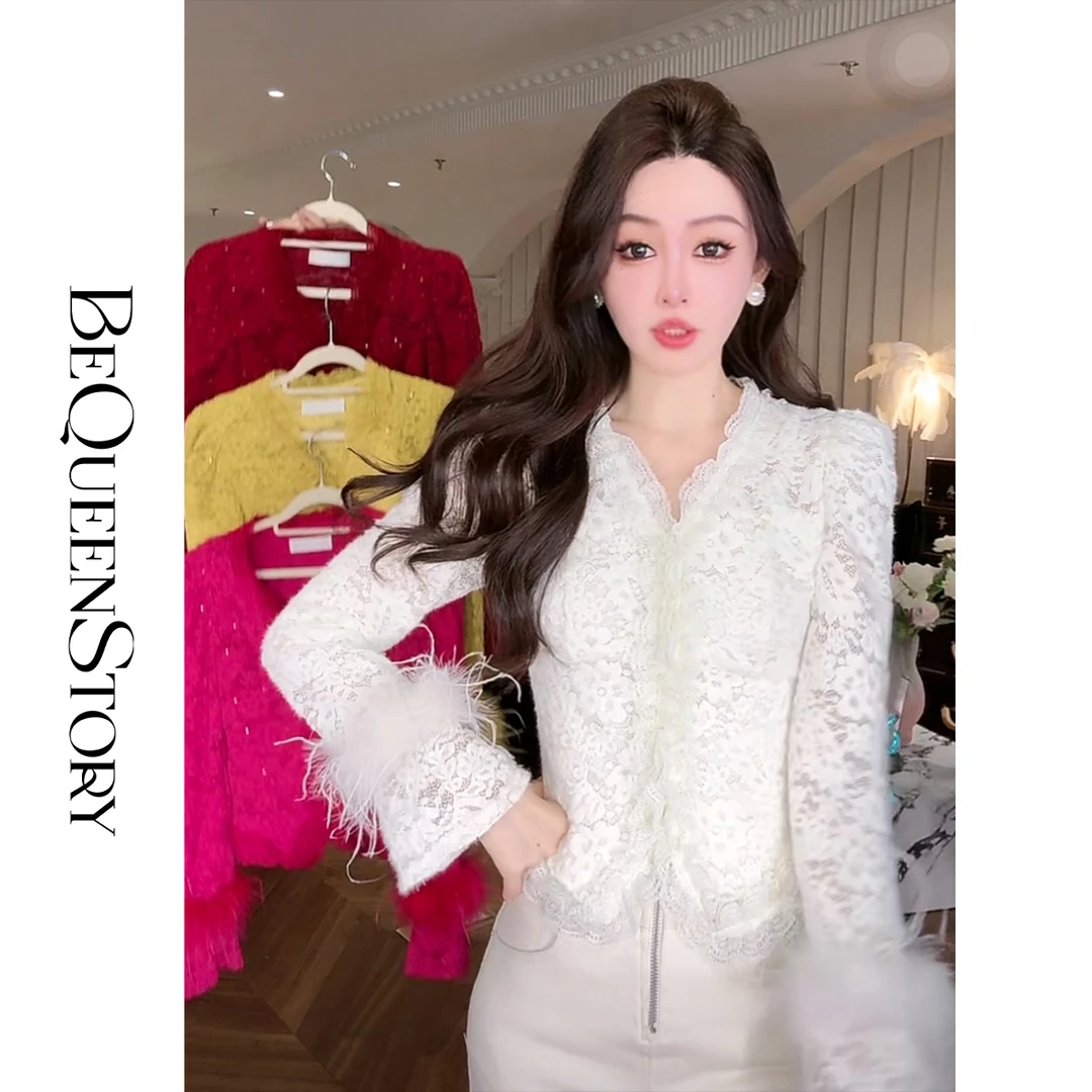 余潇潇【塞纳旋律】加绒蕾丝亮片拼接可脱卸鸵鸟毛打底衫收腰上衣冬