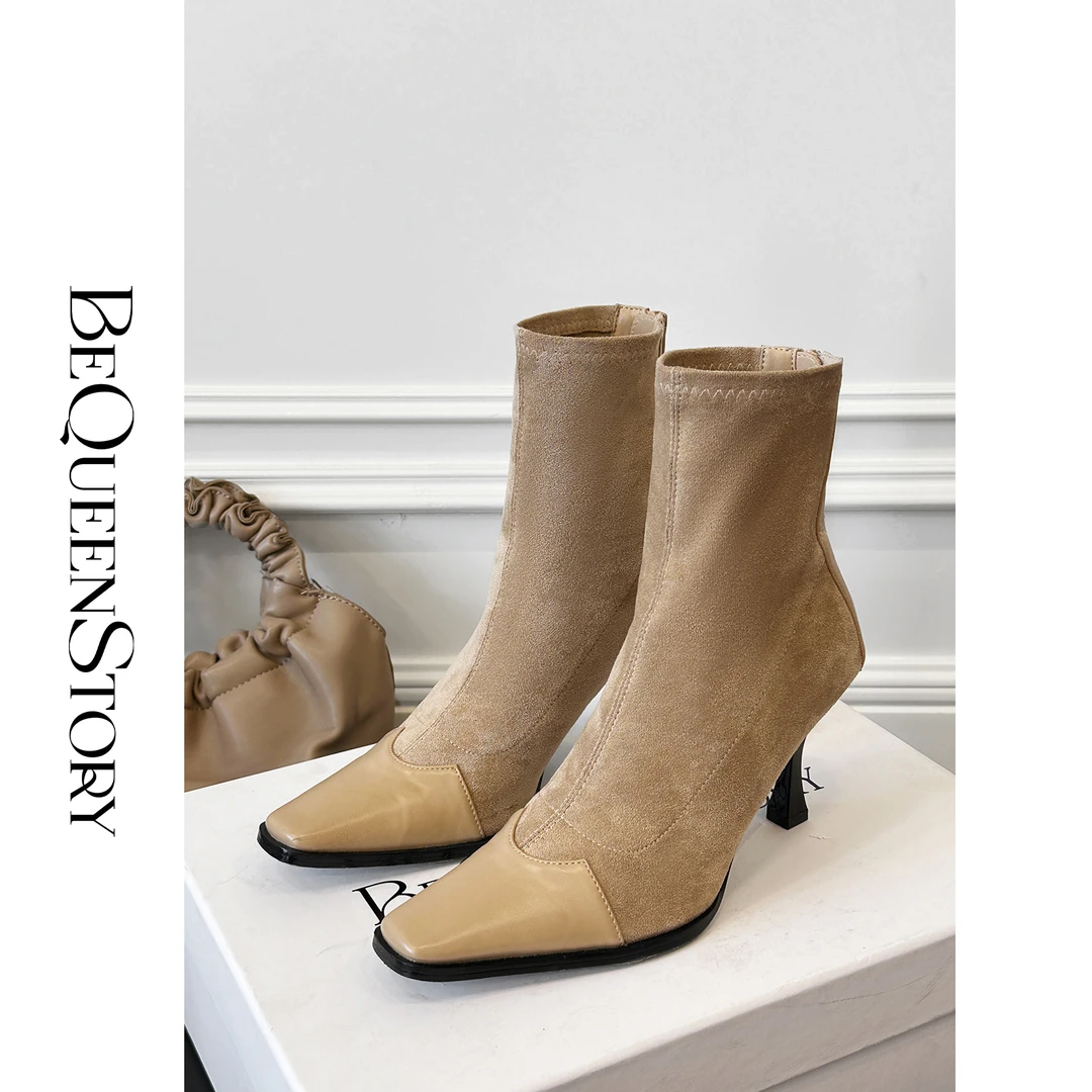 余潇潇配饰 高级感鹿皮绒瘦瘦靴拼接小方头高跟短靴