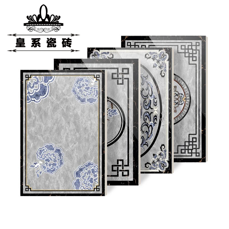 别墅洋房客厅地拼花瓷砖铺贴深灰色石纹地砖拼画亮光地面砖微晶石