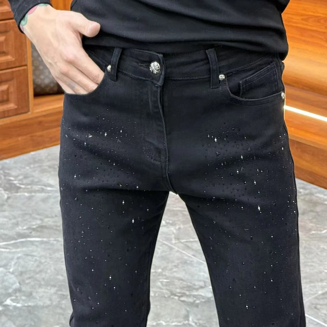 2024秋冬新款亮钻修身百搭休闲黑色男士牛仔裤YC9330