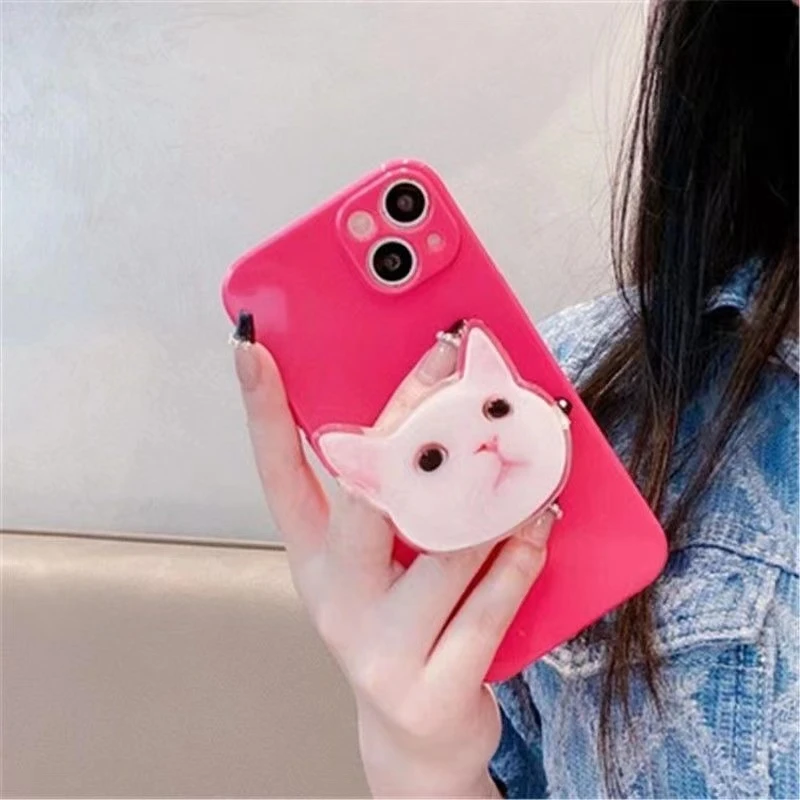 玫红适用苹果/华为/OPPO/VIVO/红米荣耀手机壳女软卡通粉猫咪支架