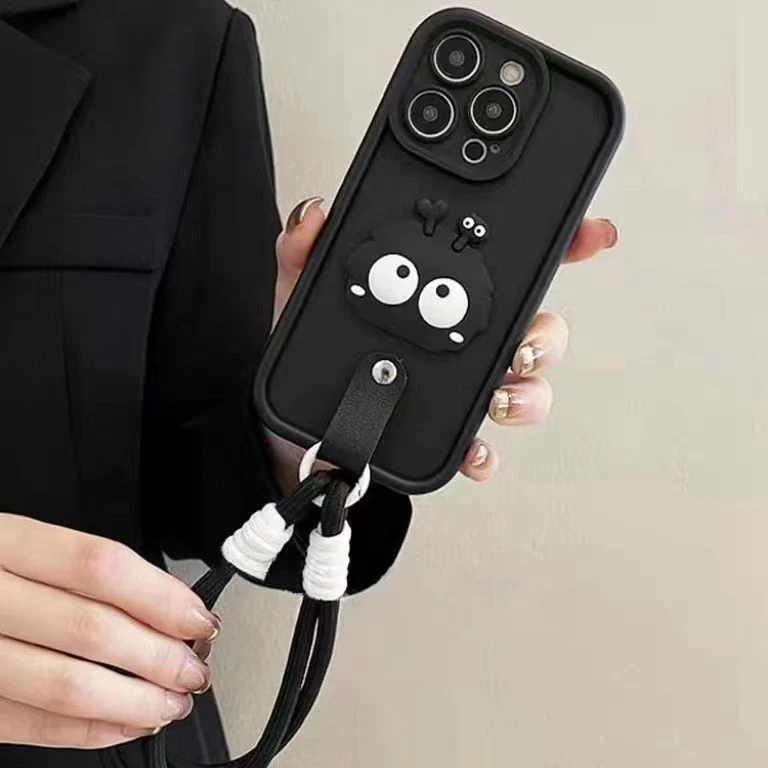 立体煤球适用苹果15华为荣耀oppovivo小米14红米手机壳女腕带挂绳